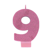 Number 9 Birthday Pink Glitter Candle