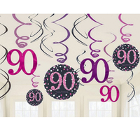 90th Birthday Sparkling Pink Hanging Swirl Decorations