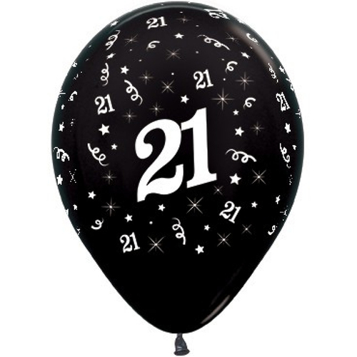 21st Birthday Metallic Black Latex Balloons 6 Pack