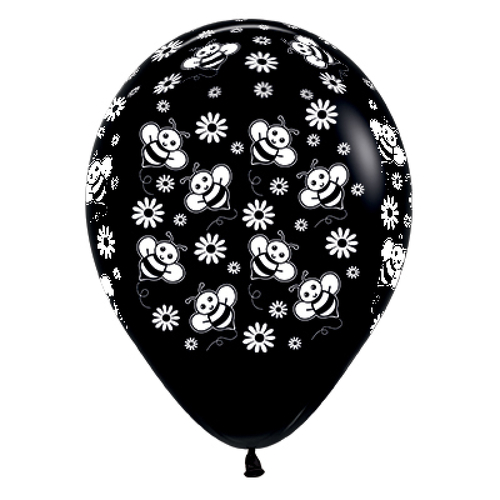 Baby Shower Bees & Flowers Black Latex Balloons 6 Pack