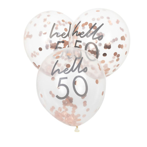 50th Birthday Rose Gold Confetti Filled 'Hello 50' Latex Balloons 5 Pack