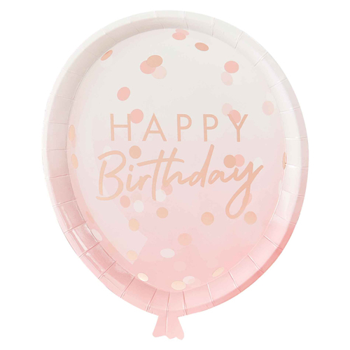 Rose Gold Happy Birthday Foiled Confetti Balloon Shaped Paper Plates 8 Pack