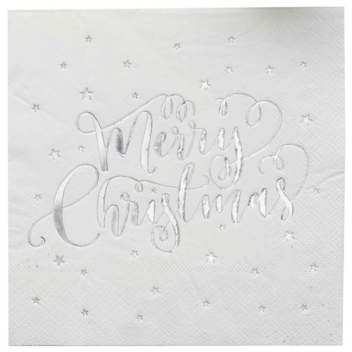 Merry Christmas Metallic Star Silver Lunch Napkins 20 Pack