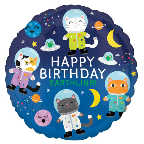 Happy Birthday Space Cats Round Foil Balloon