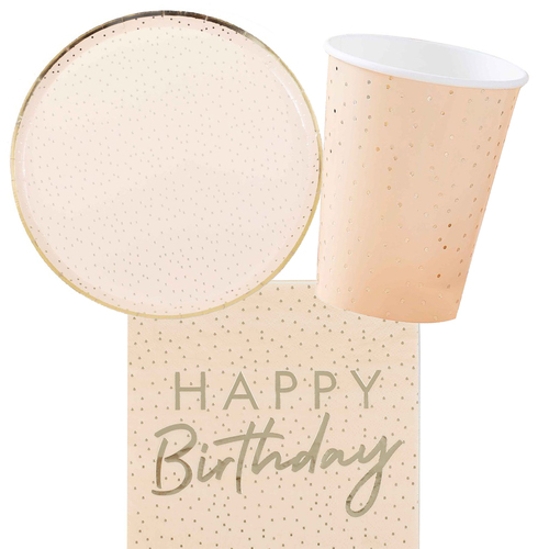 Peach & Gold Happy Birthday Ditsy Dot Foiled 8 Guest Tableware Party Pack