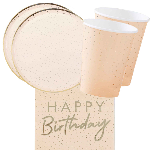 Peach & Gold Happy Birthday Ditsy Dot Foiled 16 Guest Tableware Party Pack