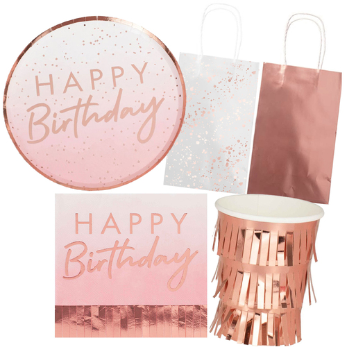 Rose Gold Happy Birthday 8 Guest Tableware Party Pack